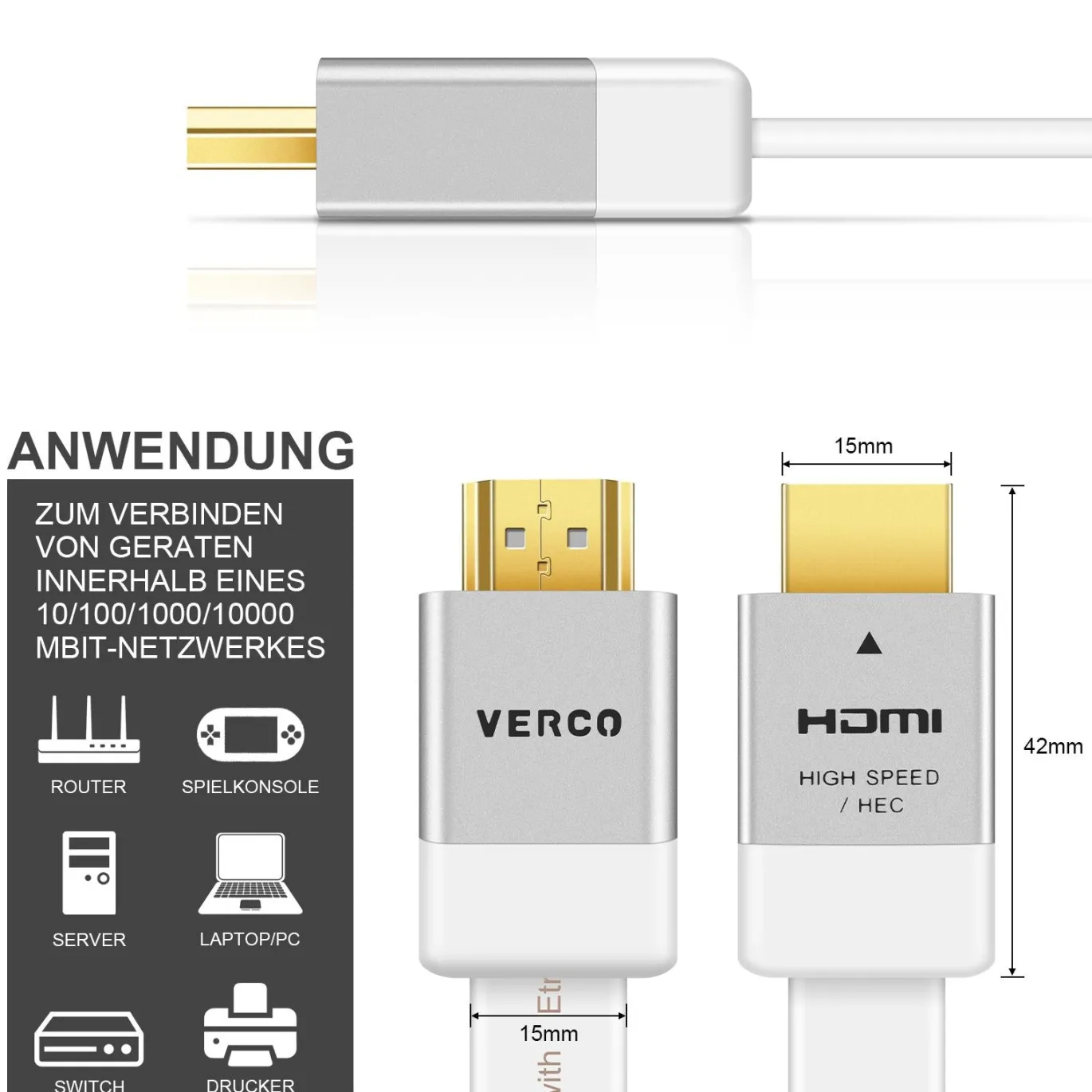 HDMI Flach Kabel - HD-Flat-100B - 10M - Weiss
