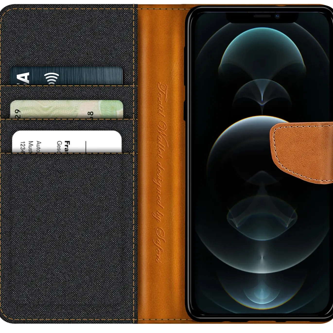iPhone 12 / 12 Pro - Jeanslook Klapphülle mit Kartenfach