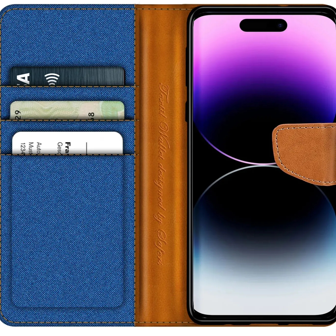 iPhone 15 - Jeanslook Klapphülle mit Kartenfach