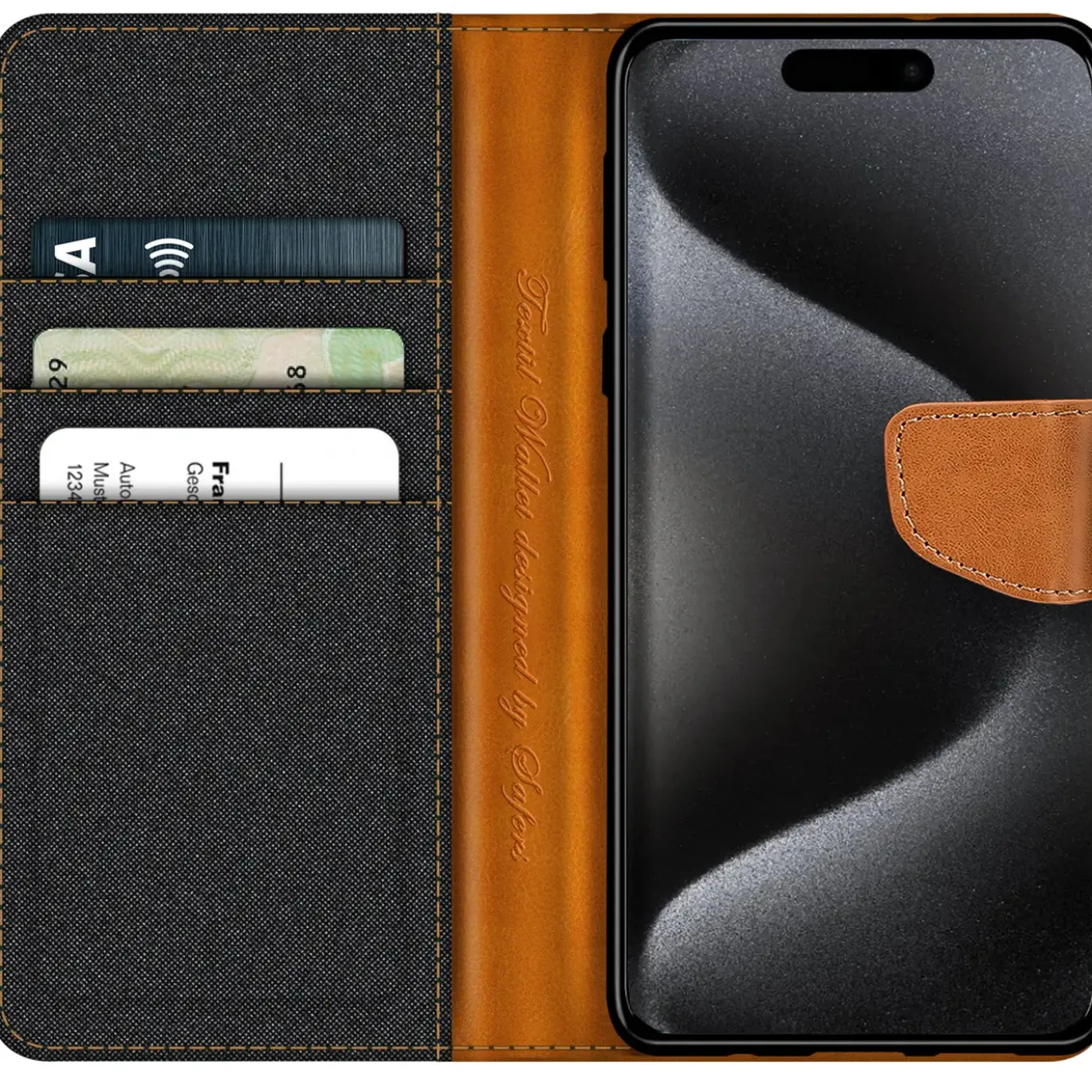 iPhone 16 Pro - Jeanslook Klapphülle mit Kartenfach