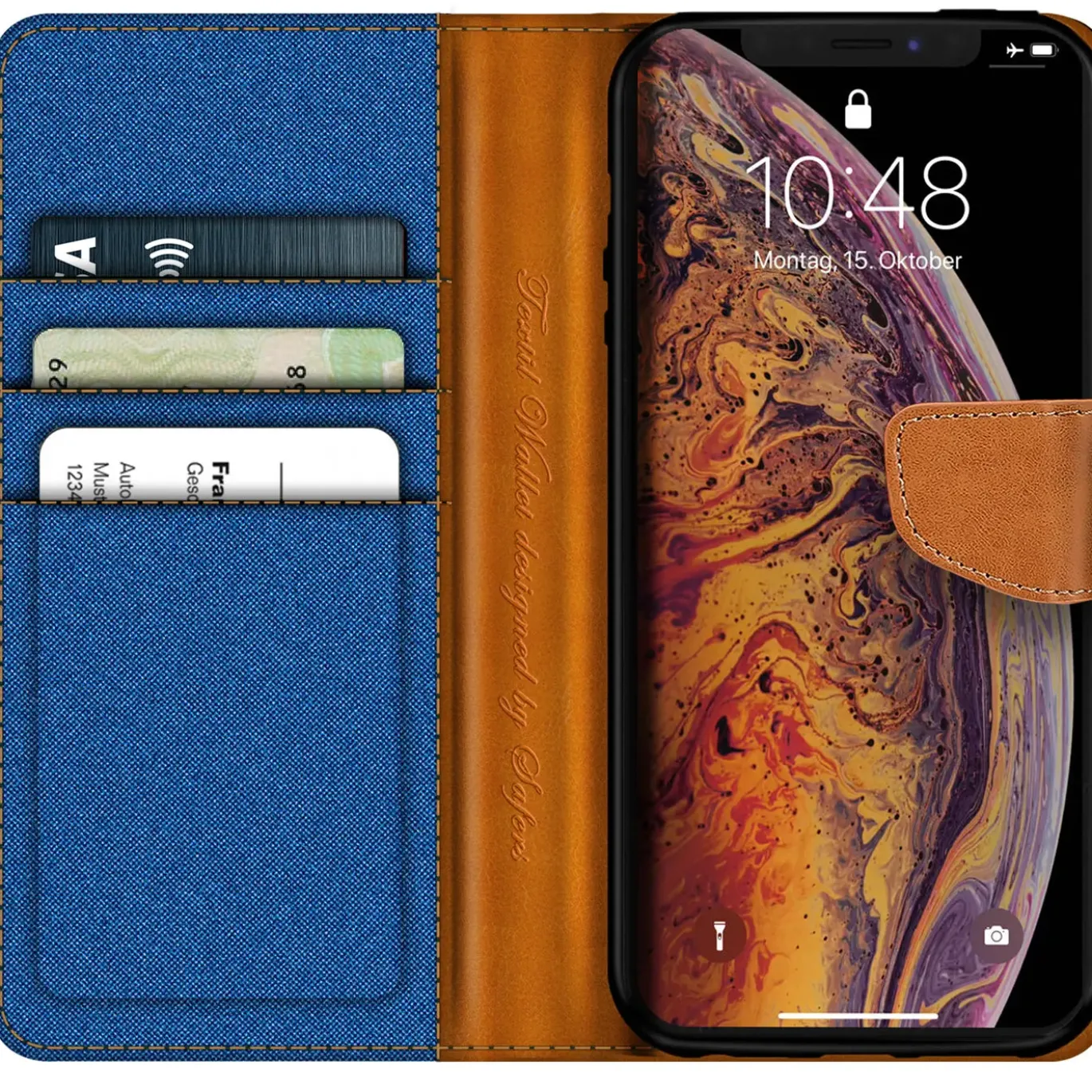 iPhone X / XS - Jeanslook Klapphülle mit Kartenfach