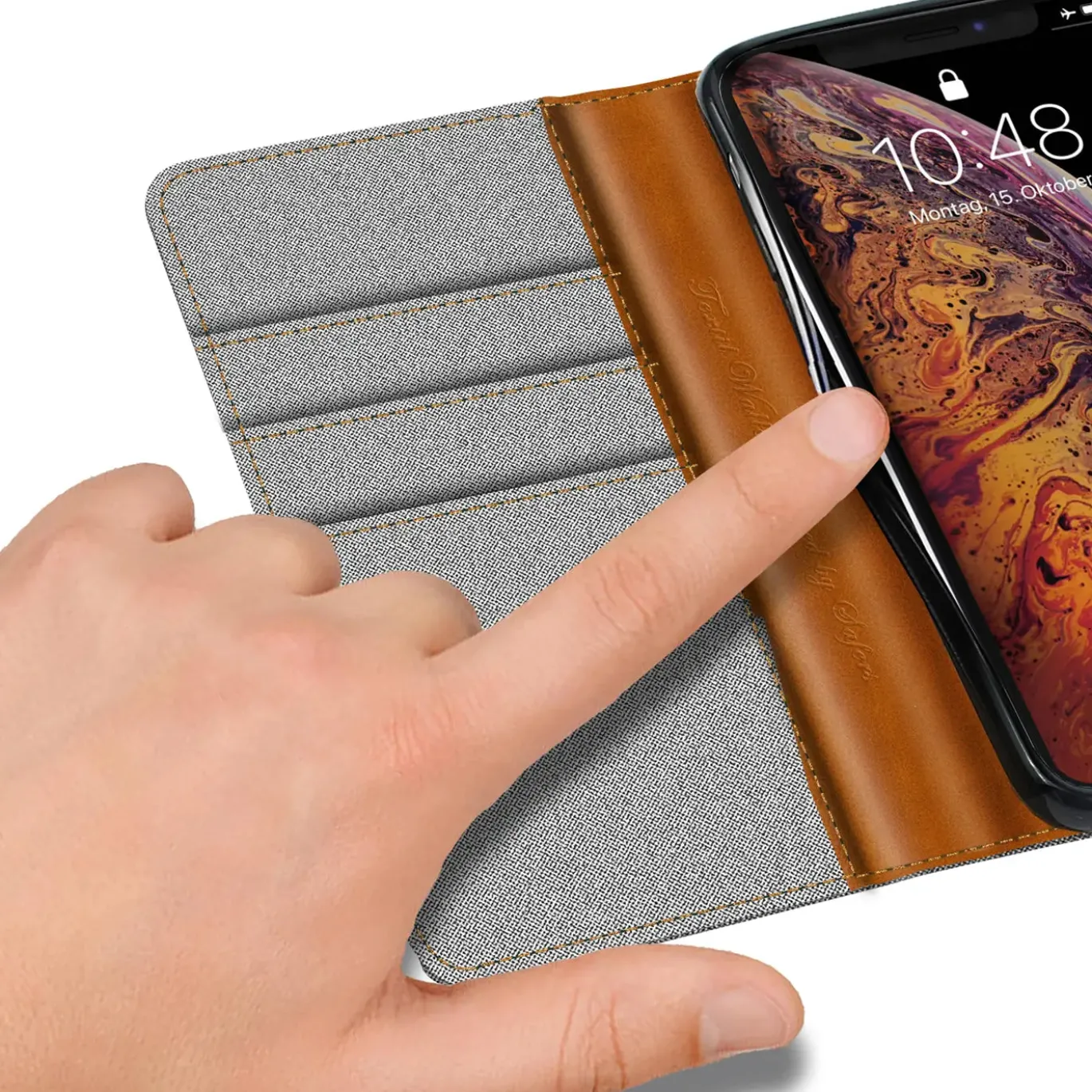 iPhone X / XS - Jeanslook Klapphülle mit Kartenfach