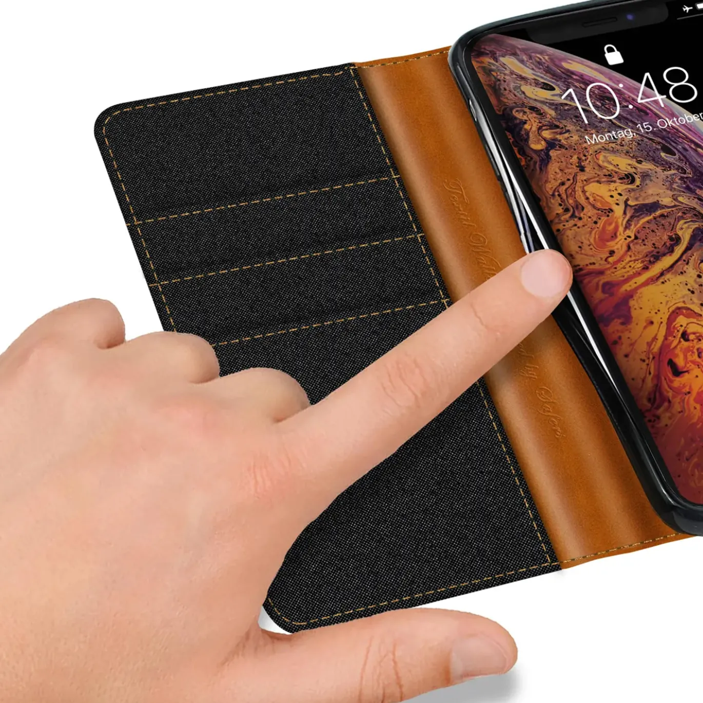 iPhone X / XS - Jeanslook Klapphülle mit Kartenfach