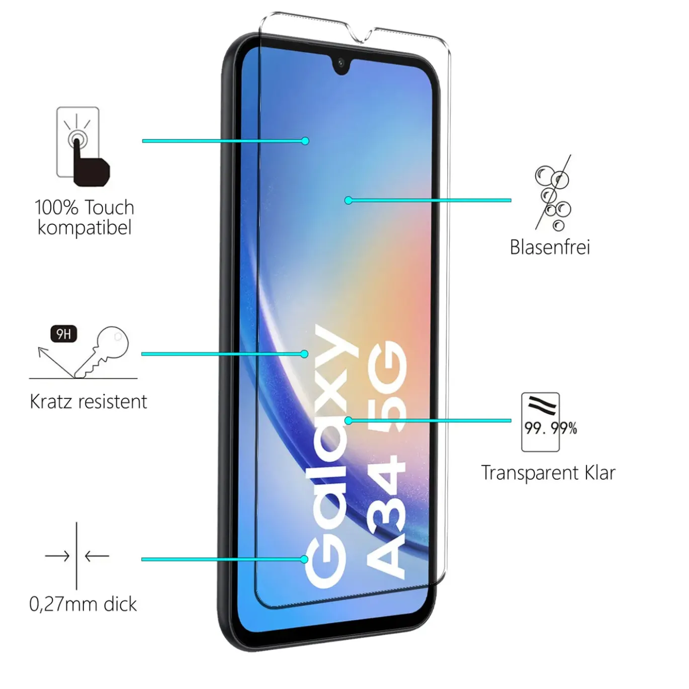 Samsung Galaxy A34 5G - 9H Displayschutzfolie 2x Display & Kamera