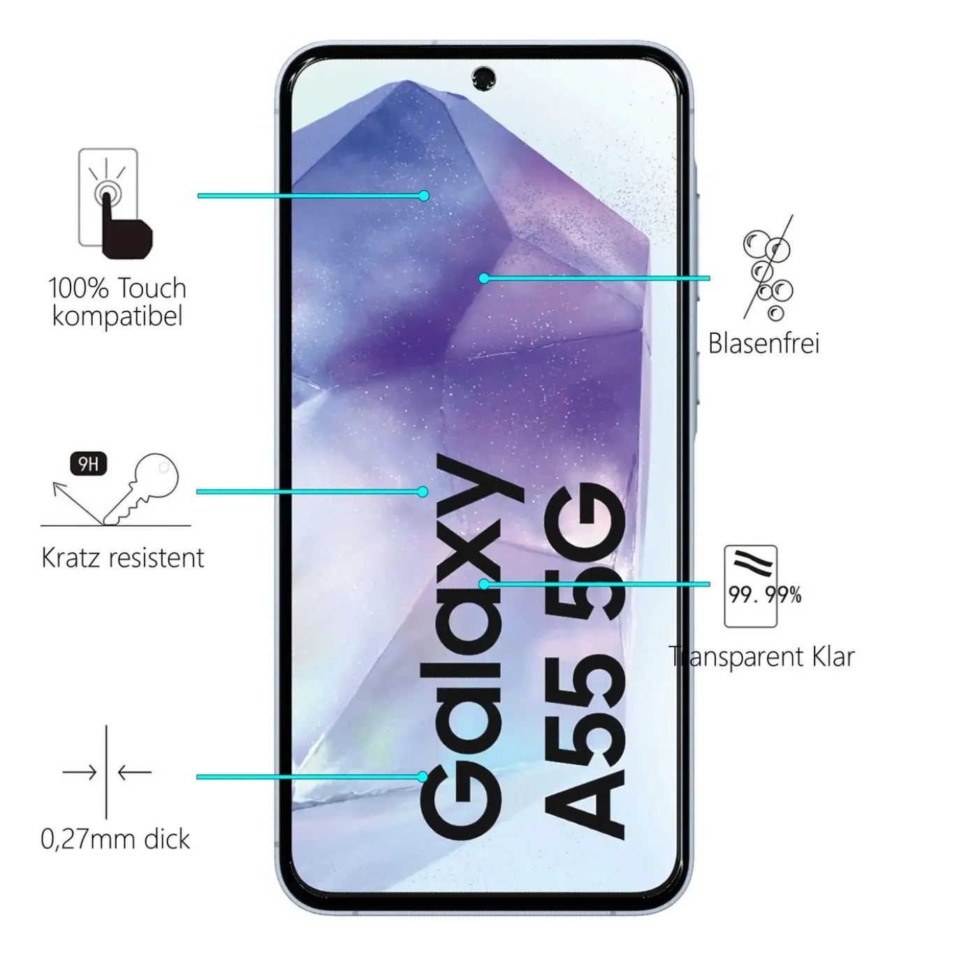 Samsung Galaxy A55 5G - 2x 9H Panzer Glasfolie, Displayfolie
