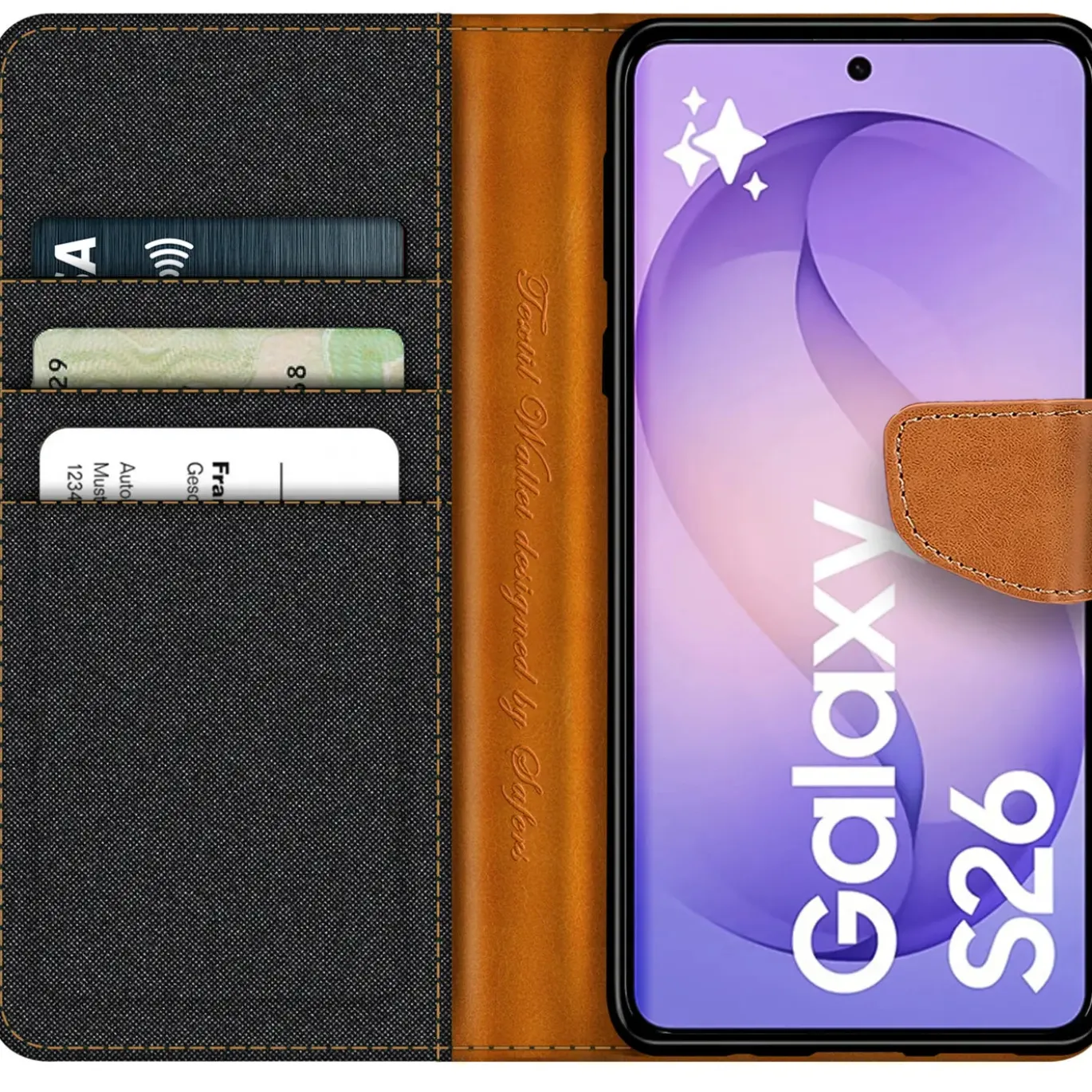 Textil Klapphülle für Samsung Galaxy S26 - Case im Jeanslook mit Kartenfächern