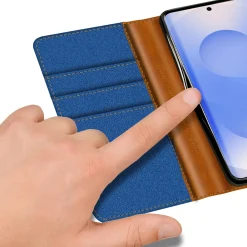 Textil Klapphülle für Samsung Galaxy S26 - Case im Jeanslook mit Kartenfächern