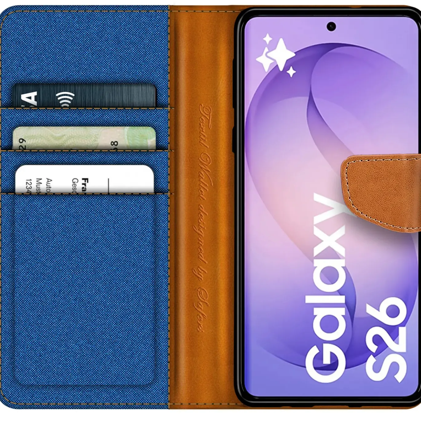 Textil Klapphülle für Samsung Galaxy S26 - Case im Jeanslook mit Kartenfächern