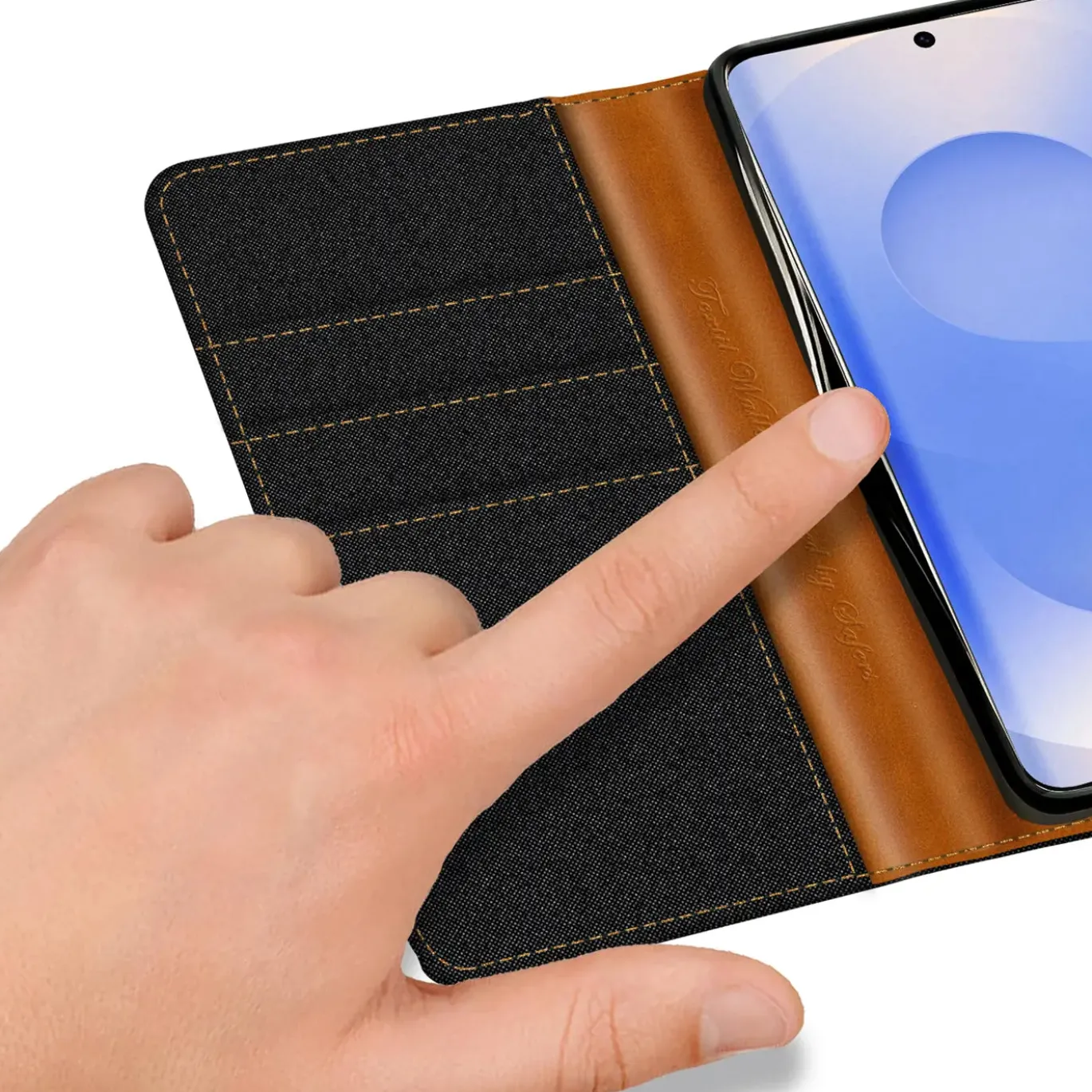 Textil Klapphülle für Samsung Galaxy S26 - Case im Jeanslook mit Kartenfächern