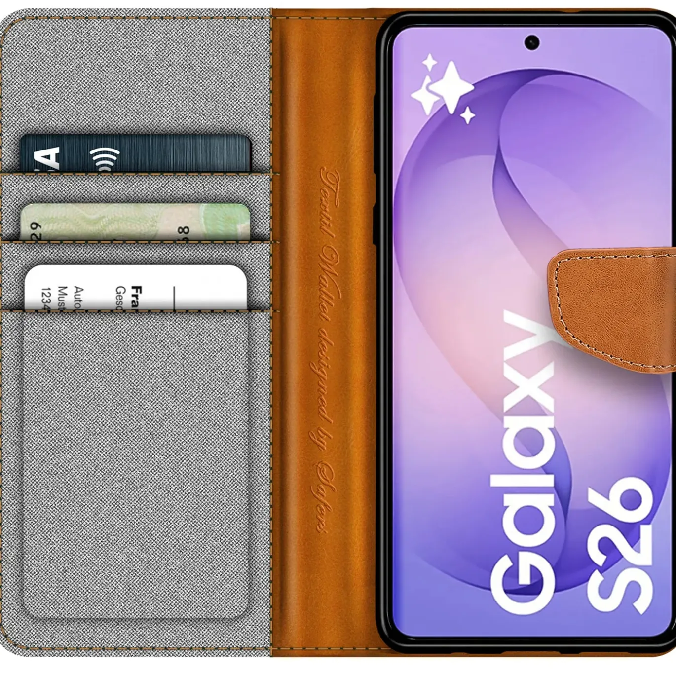 Textil Klapphülle für Samsung Galaxy S26 - Case im Jeanslook mit Kartenfächern