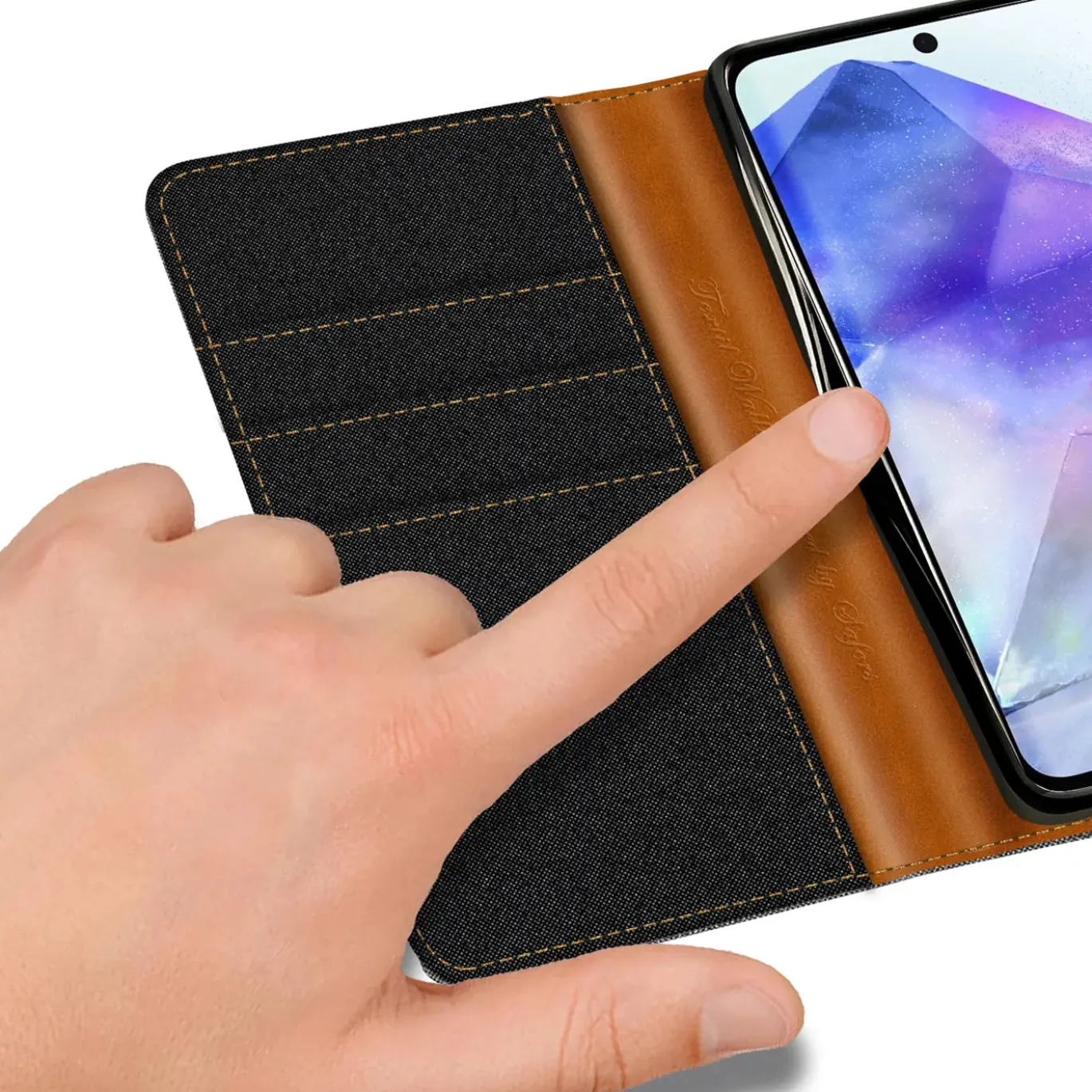 Textil Klapphülle für Samsung Galaxy A57 5G - Case im Jeanslook mit Kartenfächern