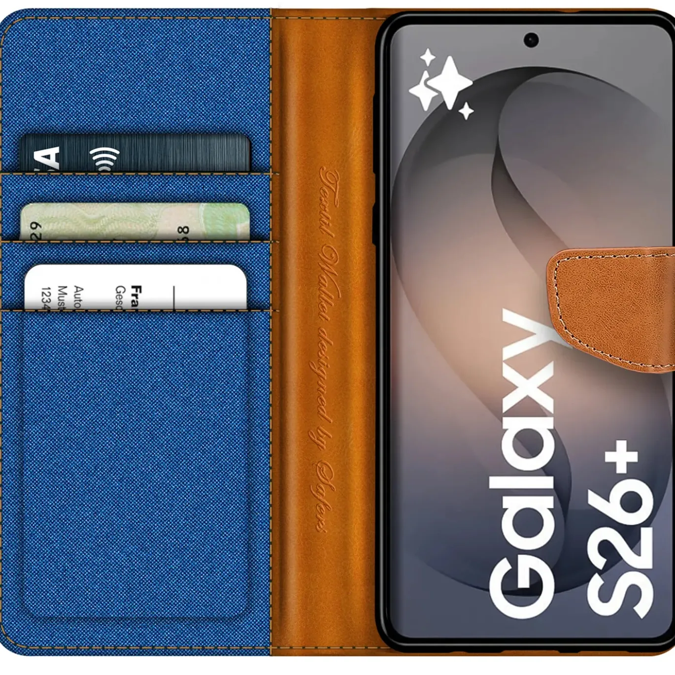 Textil Klapphülle für Samsung Galaxy S26 Plus - Case im Jeanslook mit Kartenfächern