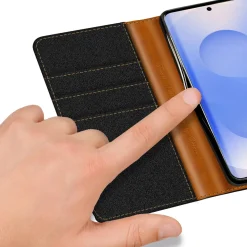 Textil Klapphülle für Samsung Galaxy S26 Plus - Case im Jeanslook mit Kartenfächern