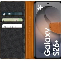 Textil Klapphülle für Samsung Galaxy S26 Plus - Case im Jeanslook mit Kartenfächern