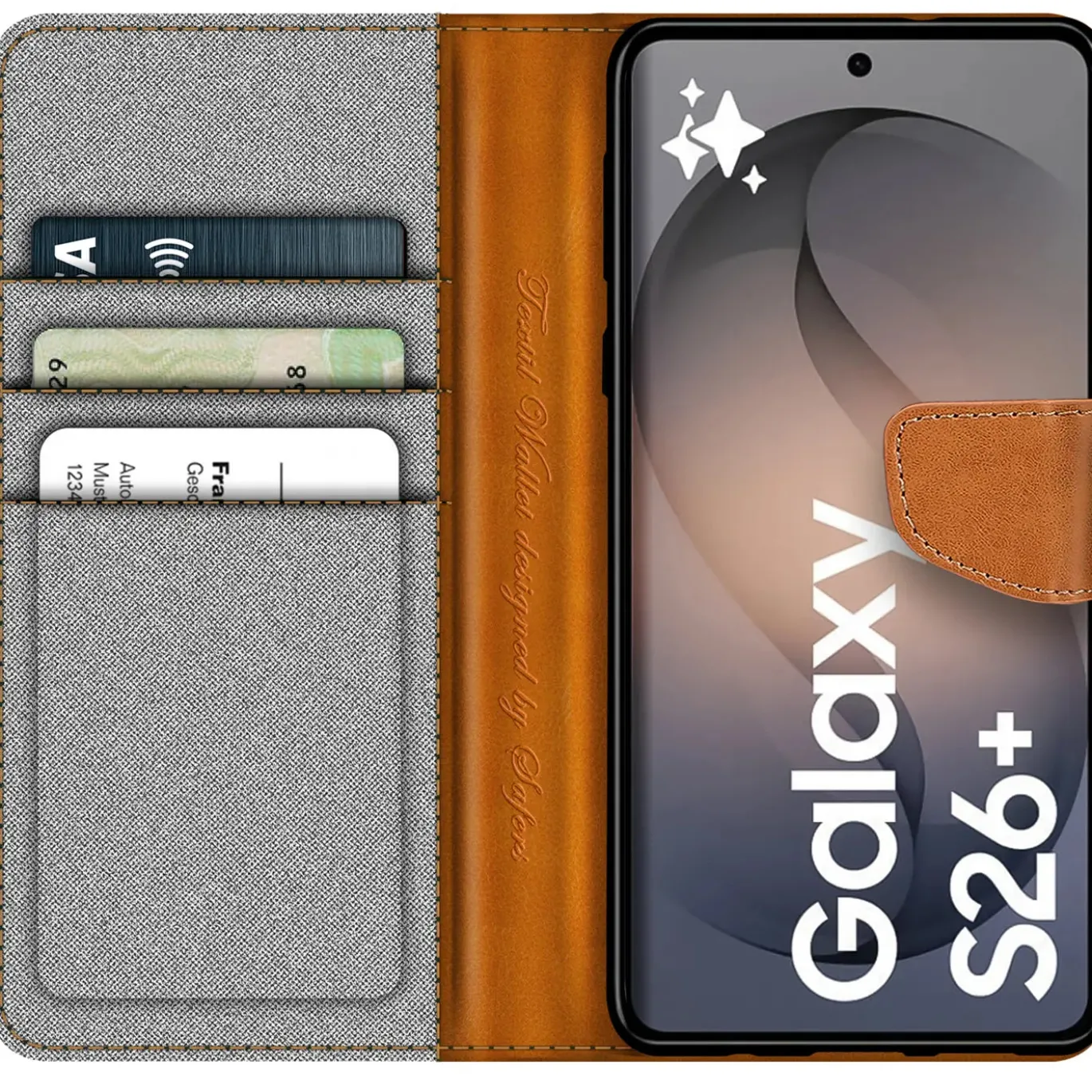 Textil Klapphülle für Samsung Galaxy S26 Plus - Case im Jeanslook mit Kartenfächern