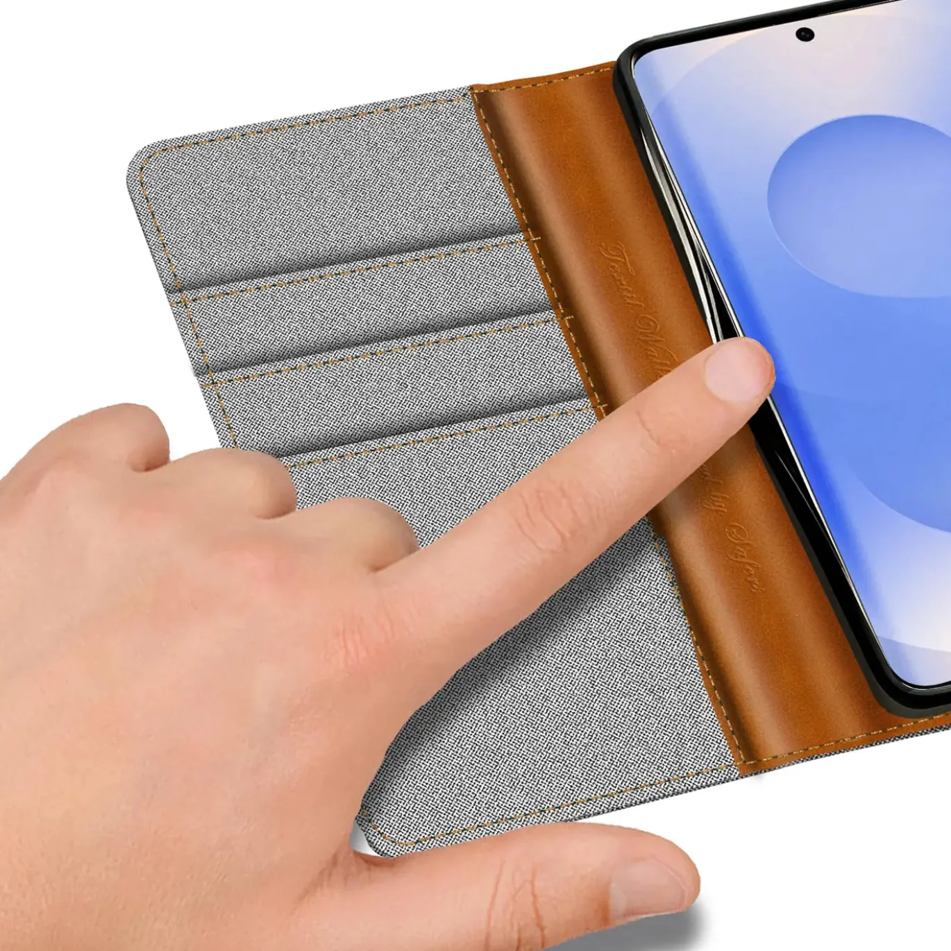 Textil Klapphülle für Samsung Galaxy S26 Plus - Case im Jeanslook mit Kartenfächern