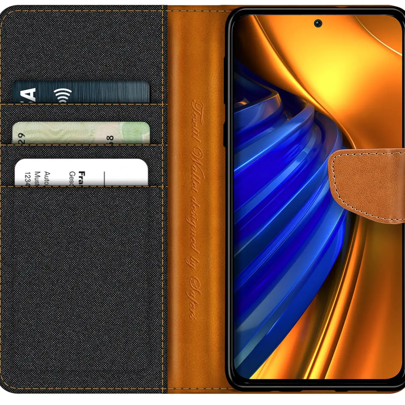 Xiaomi Poco F4 - Jeanslook Klapphülle mit Kartenfach