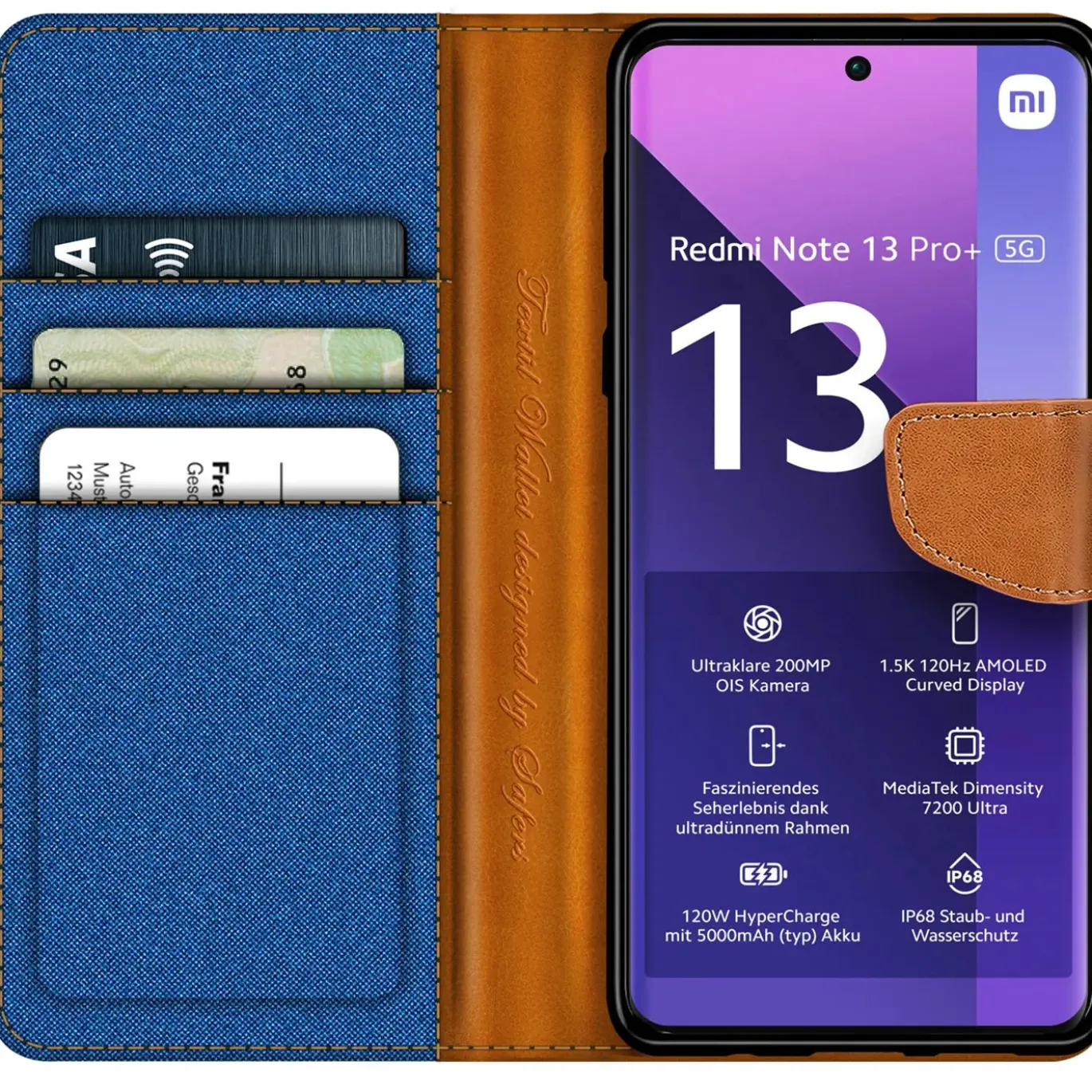 Xiaomi Redmi Note 13 Pro+ 5G - Jeanslook Klapphülle mit Kartenfach