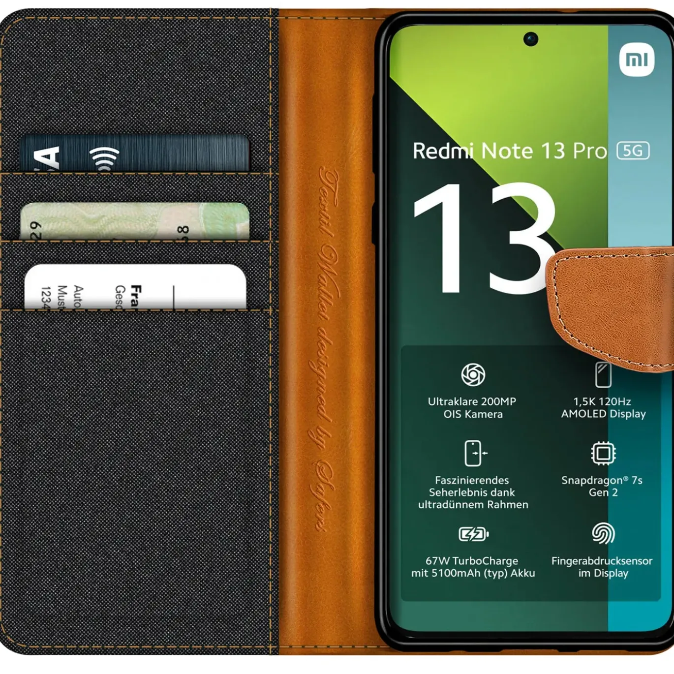Xiaomi Redmi Note 13 Pro 5G - Jeanslook Klapphülle mit Kartenfach