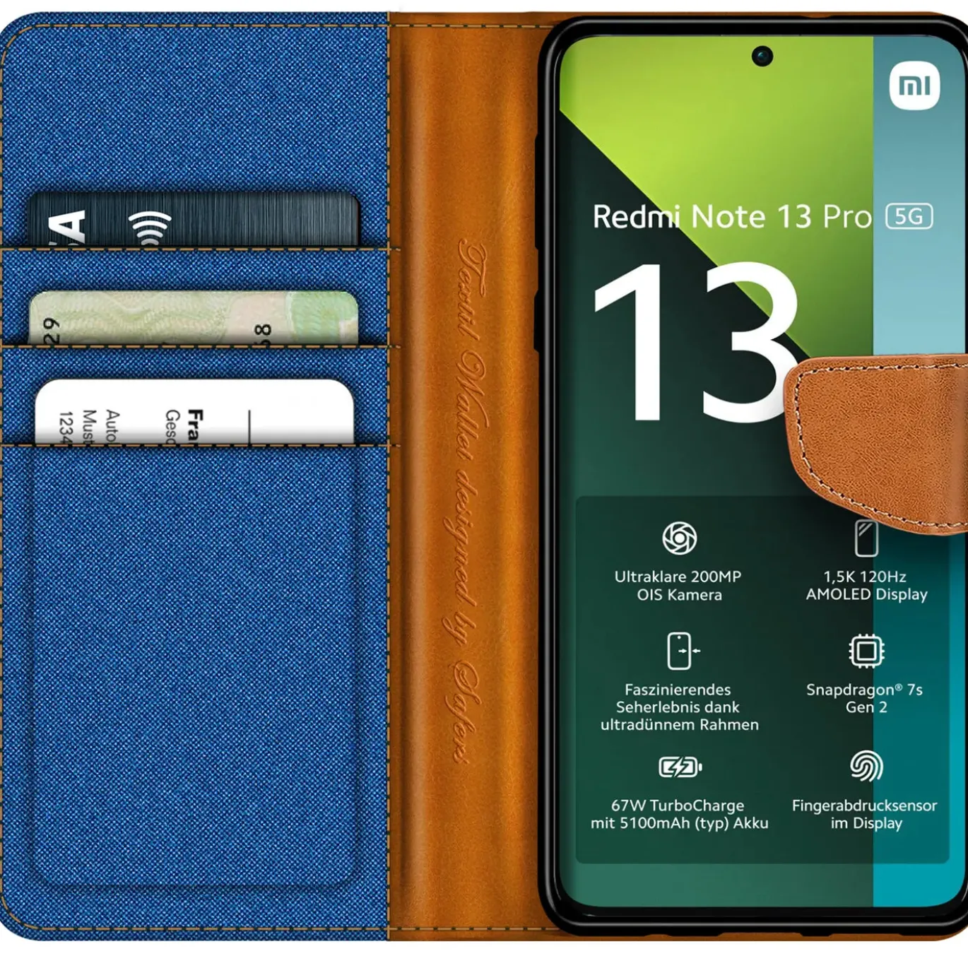 Xiaomi Redmi Note 13 Pro 5G - Jeanslook Klapphülle mit Kartenfach